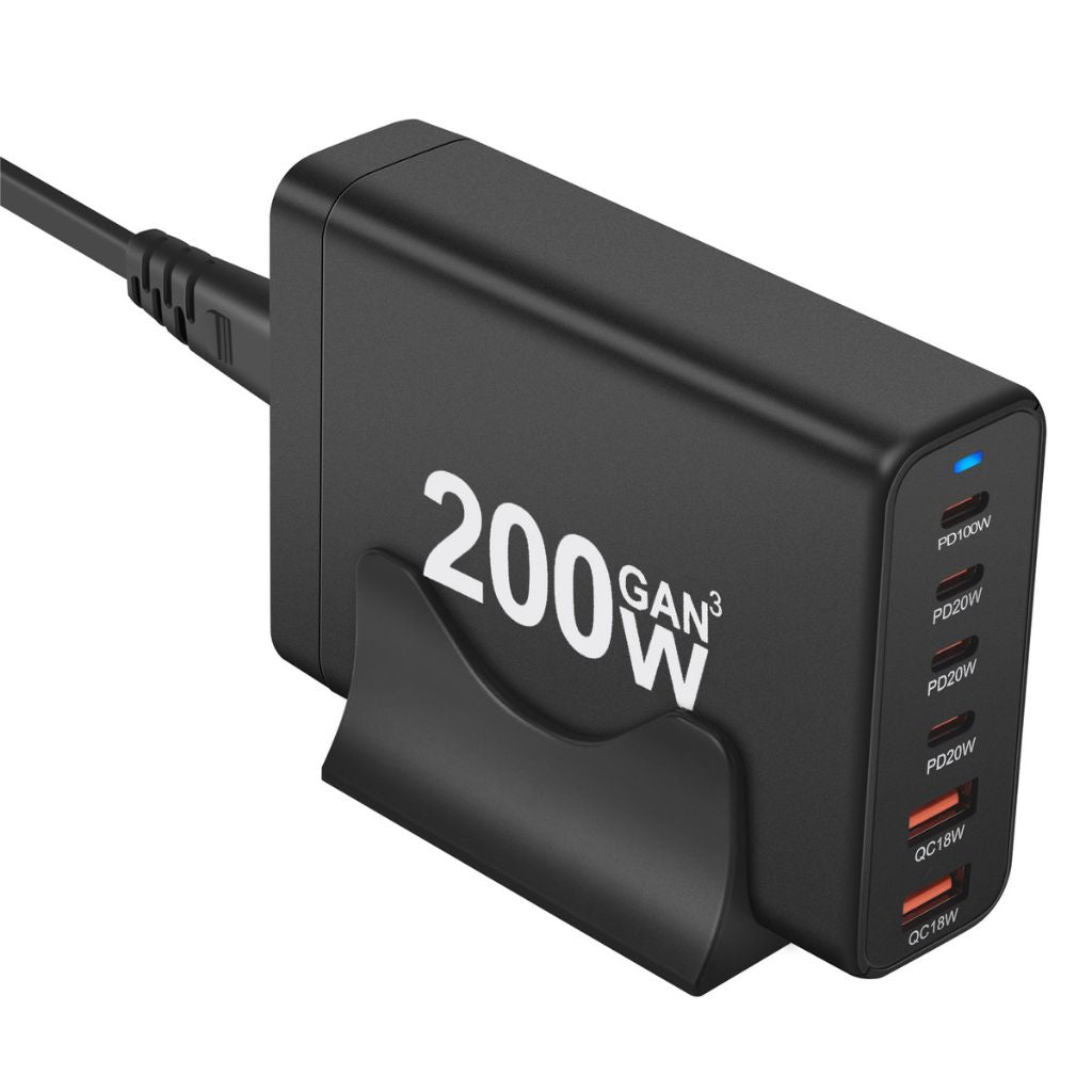 200W GaN 6-Port USB-C Charger with advanced GaN technology, featuring four USB-C PD ports and two USB-A QC 3.0 ports for ultra-fast and efficient multi-device charging. Compact and lightweight design suitable for home, office, and travel use.