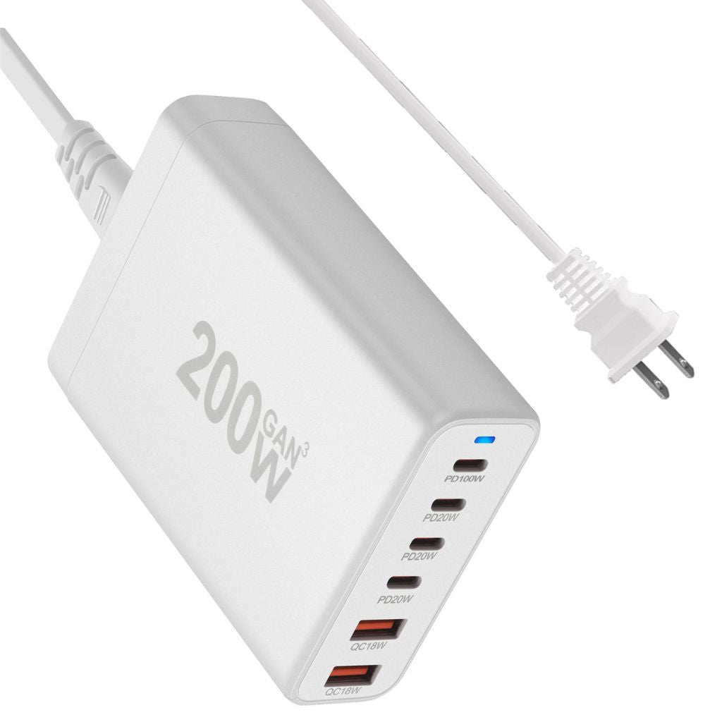 200W GaN 6-Port USB-C Charger with advanced GaN technology, featuring four USB-C PD ports and two USB-A QC 3.0 ports for ultra-fast and efficient multi-device charging. Compact and lightweight design suitable for home, office, and travel use.
