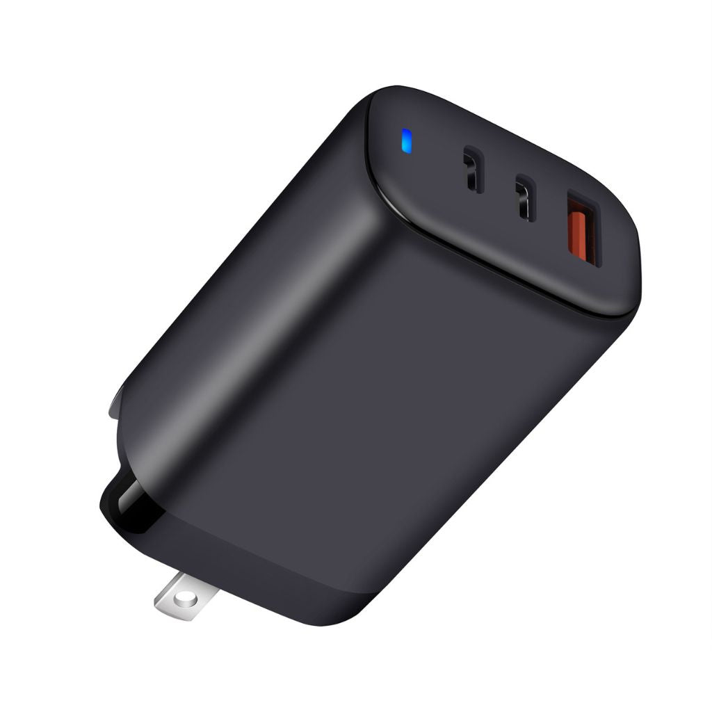 65W GaN 3-Port USB-C Charger with advanced GaN technology, featuring two USB-C PD ports and one USB-A QC port for fast and efficient multi-device charging. Compact and lightweight design suitable for home, office, and travel use.