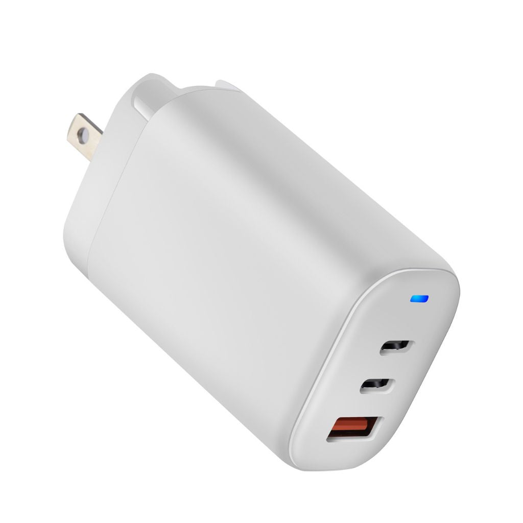 65W GaN 3-Port USB-C Charger with advanced GaN technology, featuring two USB-C PD ports and one USB-A QC port for fast and efficient multi-device charging. Compact and lightweight design suitable for home, office, and travel use.