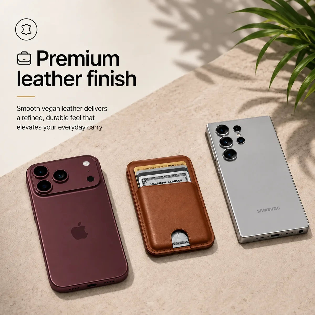 Chestnut Brown magnetic wallet and cards between a Burgundy iPhone and a silver Samsung phone. #color_Chestnut Brown