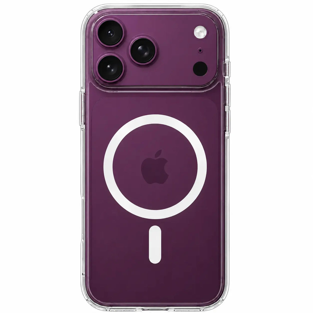 Clear magnetic phone case on a burgundy handset with three rear cameras. #iPhone Model_iPhone 18 Pro Max