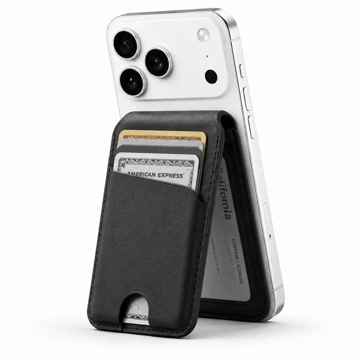 Midnight Black folding magnetic card wallet used as a phone stand #color_Midnight Black