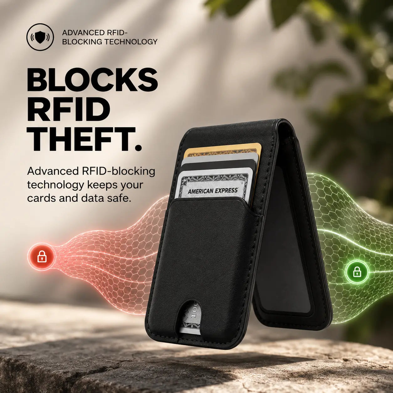 Midnight Black folding magnetic card wallet with a signal blocking illustration #color_Midnight Black