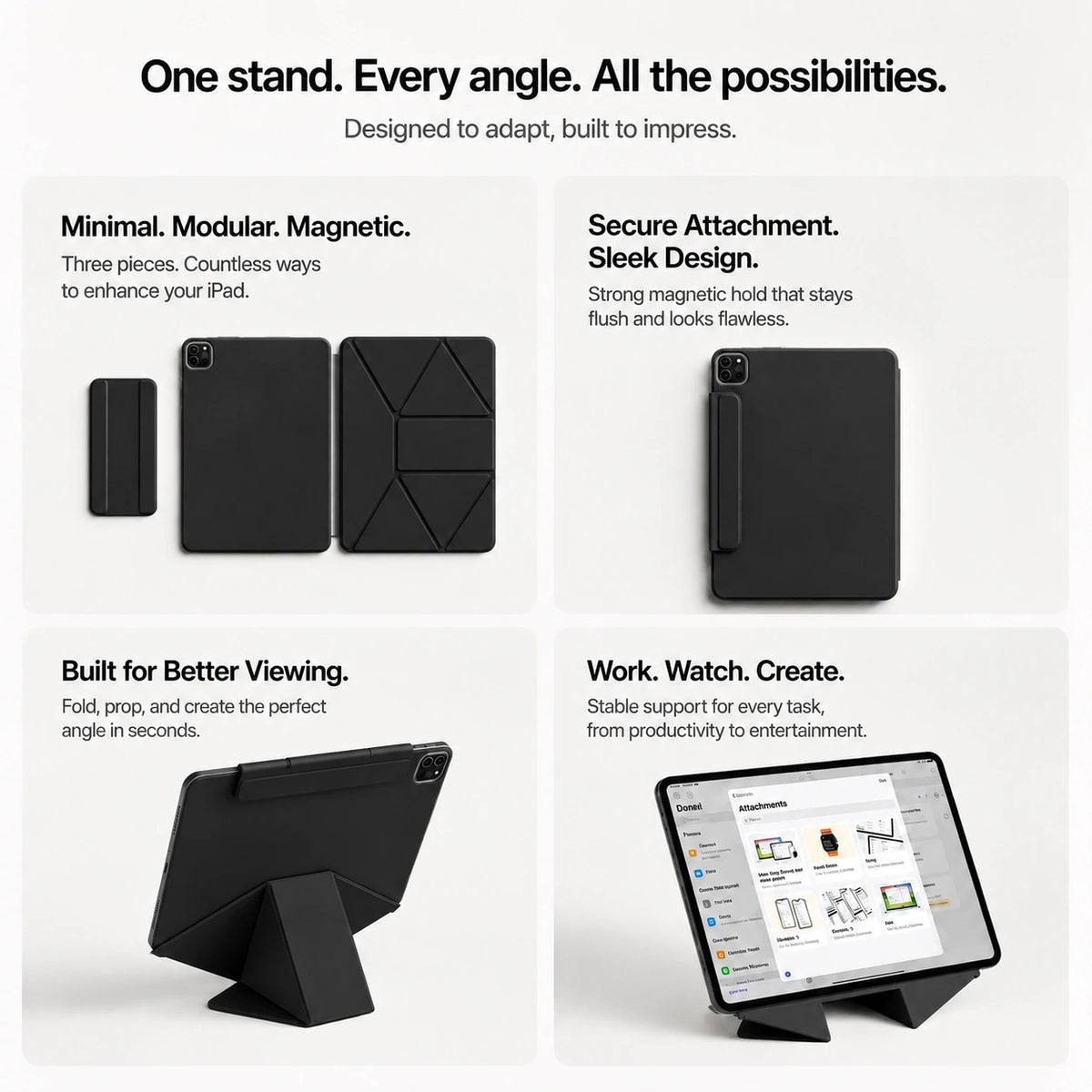 Midnight Black folding magnetic tablet stand showing modular stand components #color_Midnight Black