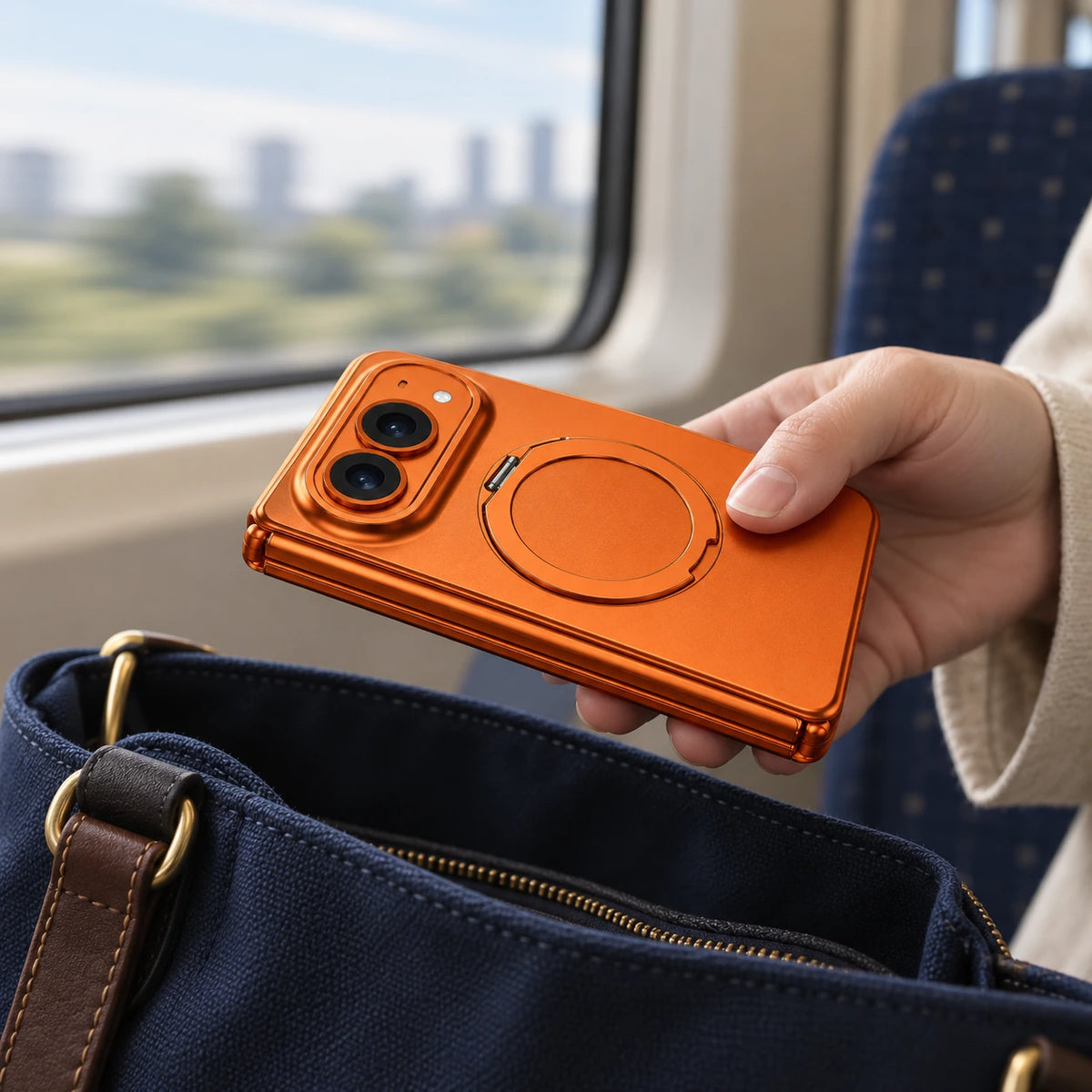 Closed orange folding phone case held above a canvas bag with its ring folded flat.