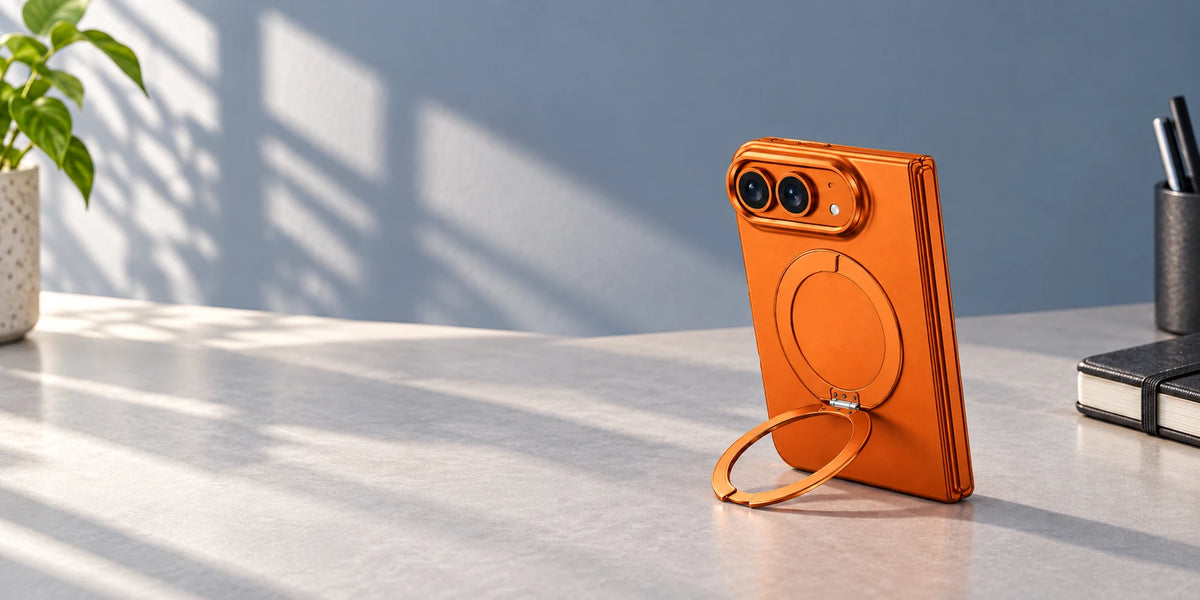 Orange folding phone case supported by its open ring stand on a work desk.