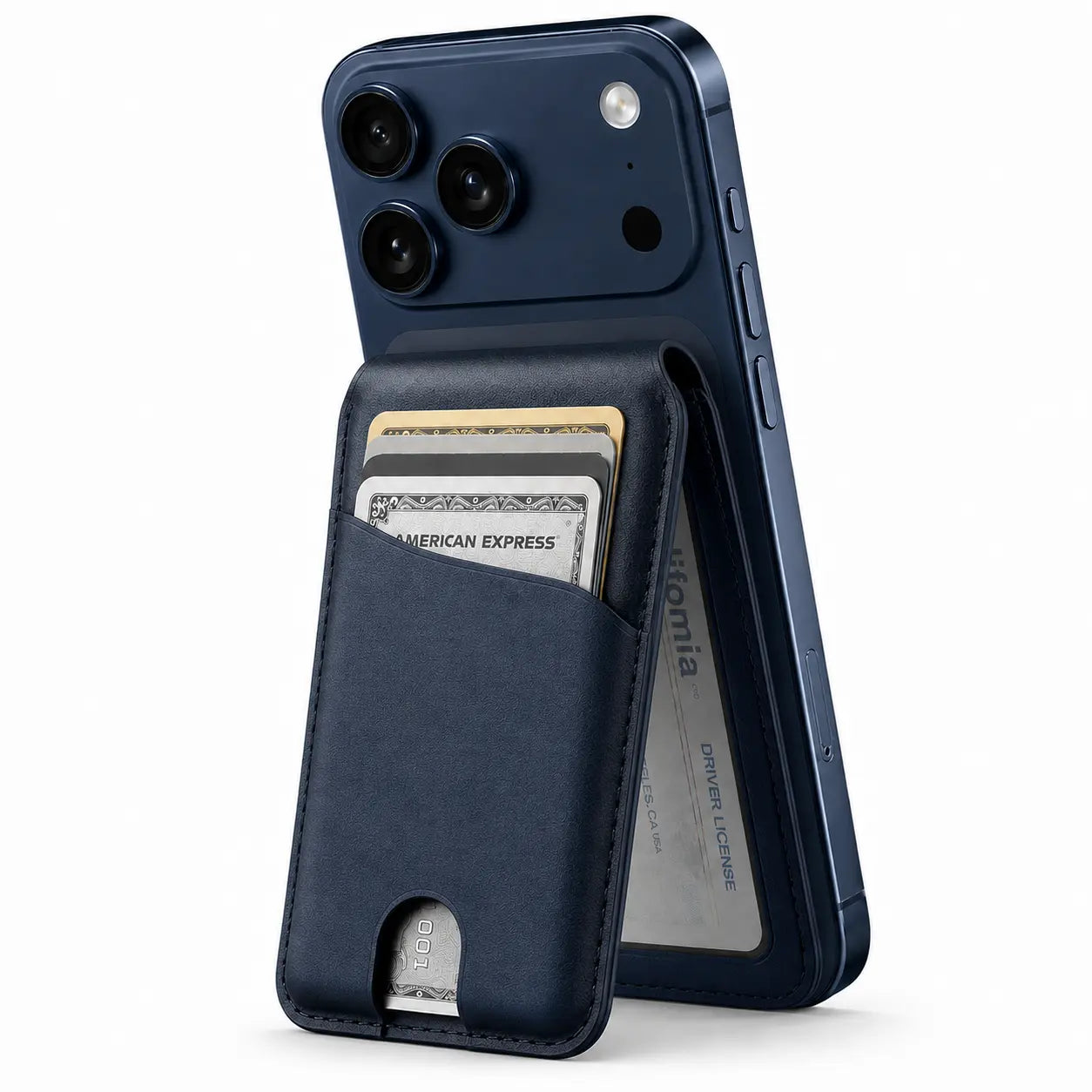 Navy Blue folding magnetic card wallet used as a phone stand #color_Navy Blue