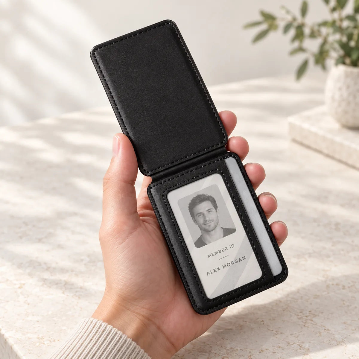 Open black folding wallet held in one hand, showing a silver membership card through its clear inner ID window.