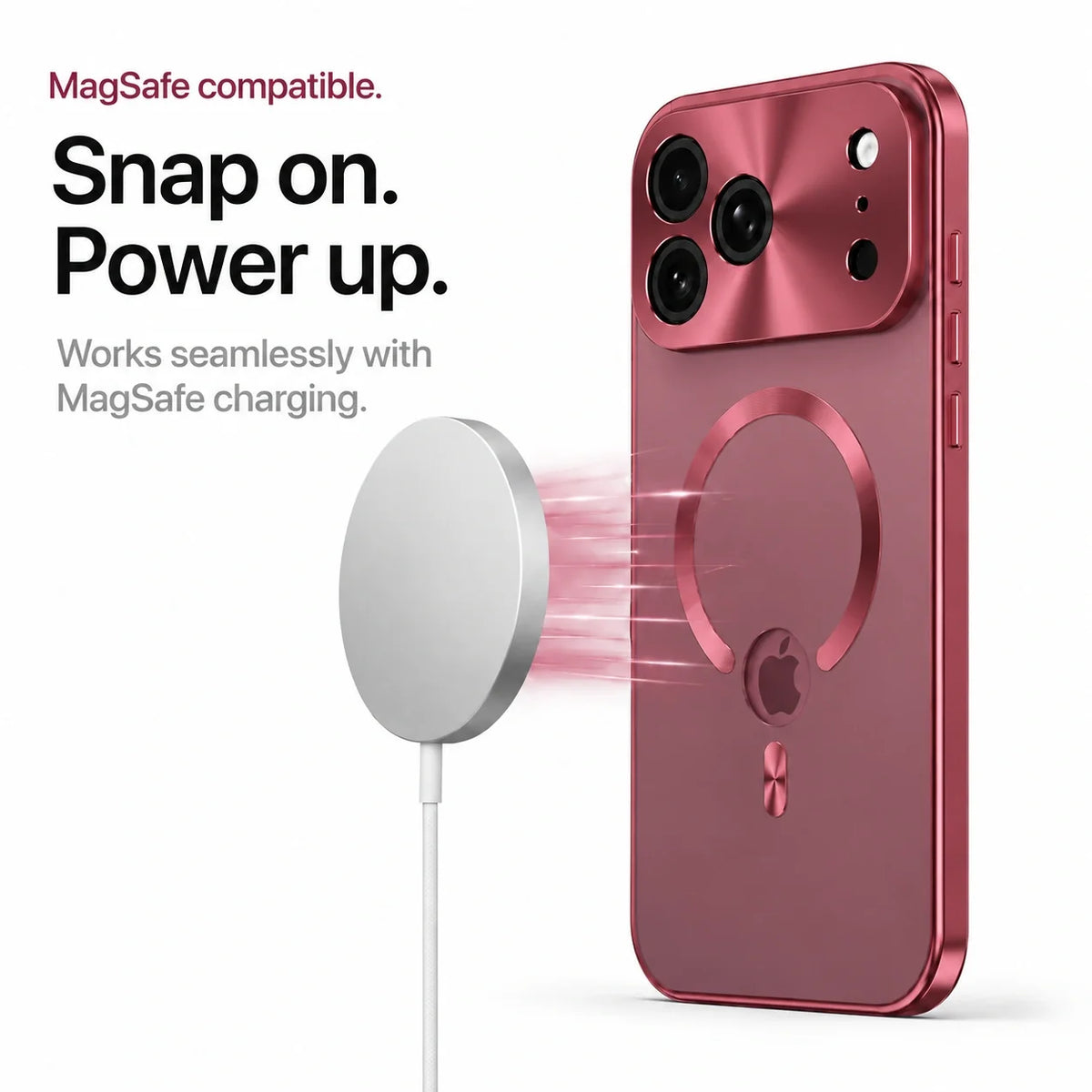 Burgundy metal frame phone case beside a round magnetic wireless charger #color_Burgundy