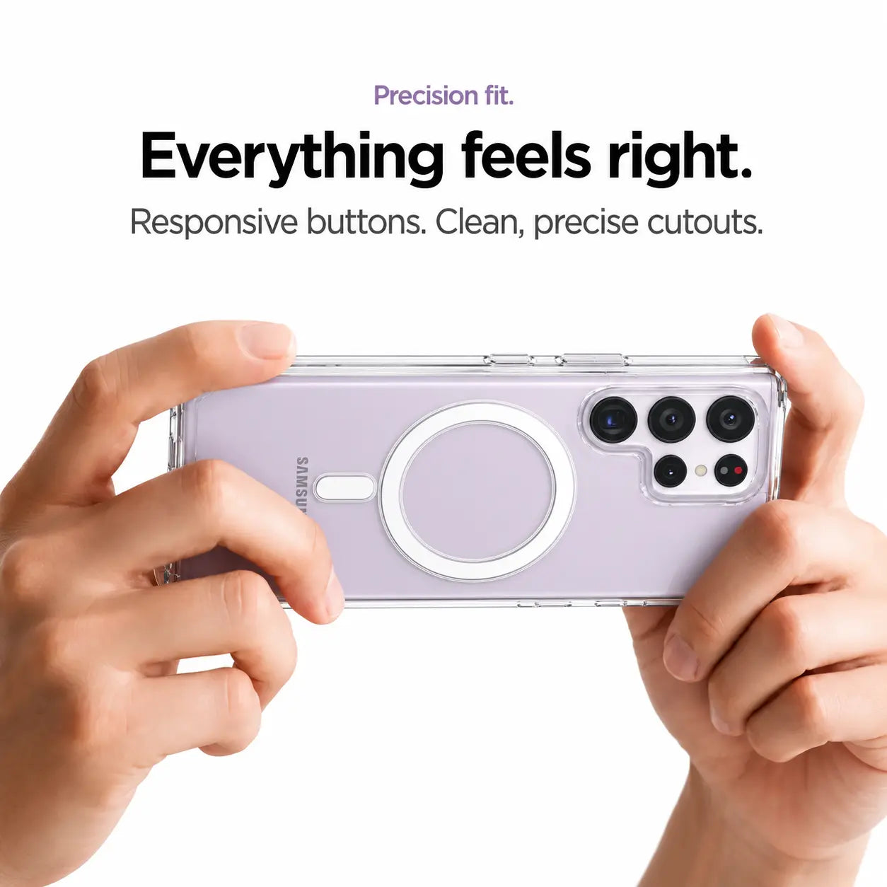 Clear magnetic Samsung case held horizontally with side buttons visible