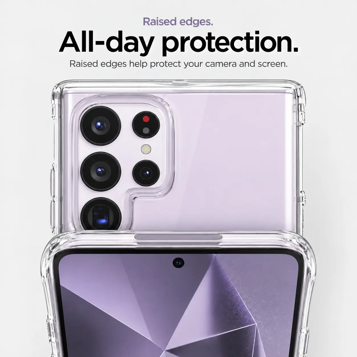 Clear Samsung case with raised camera and screen edges