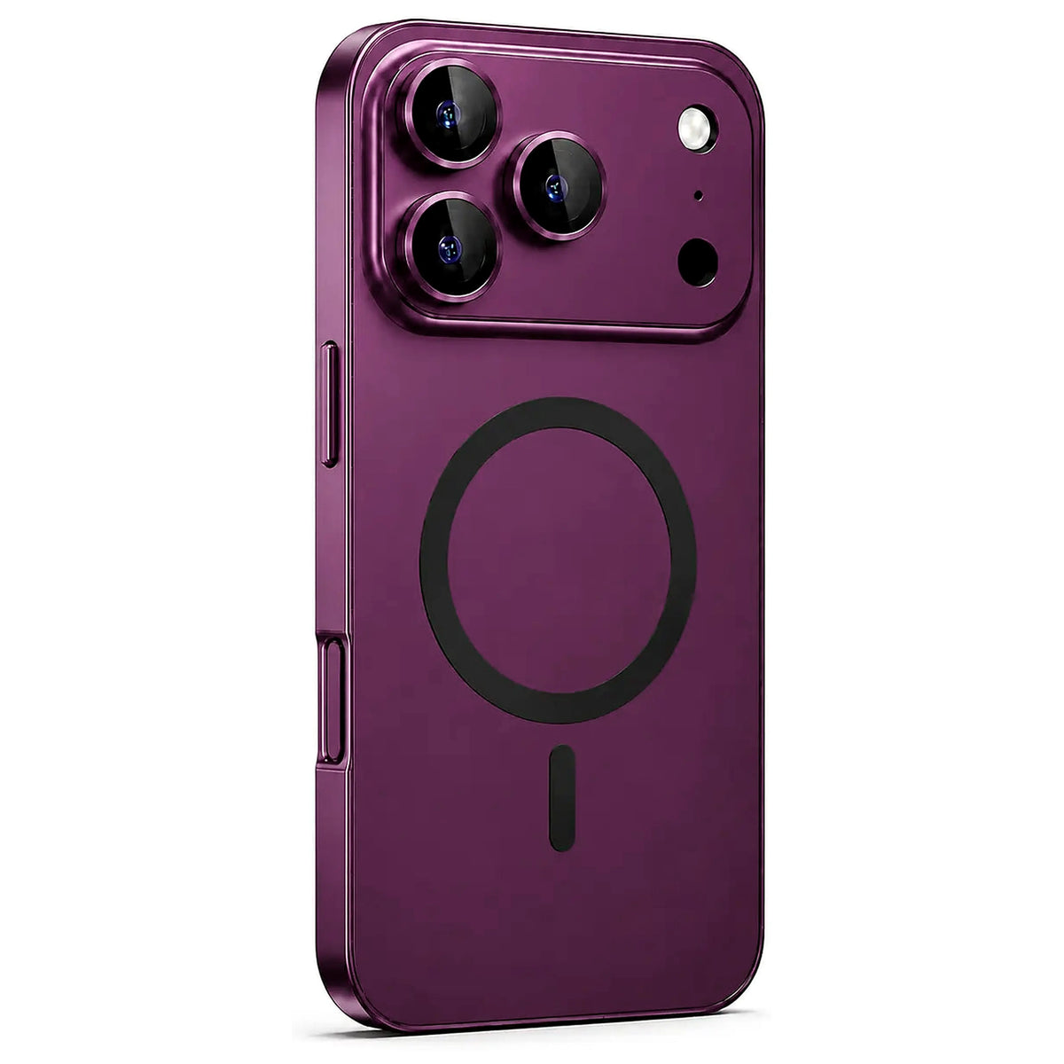 Dark cherry metal magnetic phone case with a wide camera surround, shown from the rear on white #color_Dark Cherry