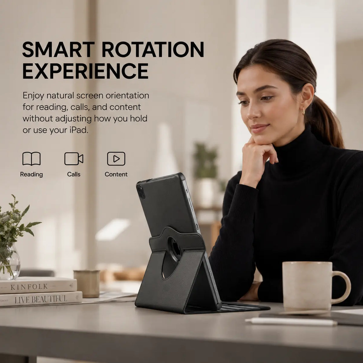 Midnight Black rotating tablet folio case rotated for portrait viewing #color_Midnight Black