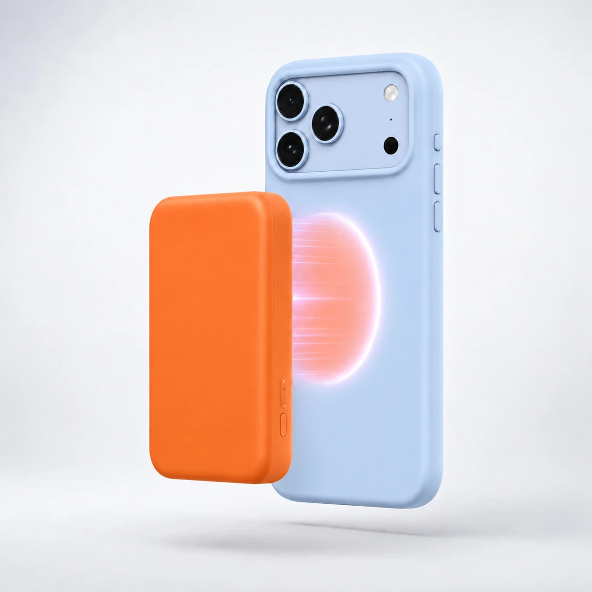 Glacier silicone phone case with an orange wireless battery pack #color_Glacier