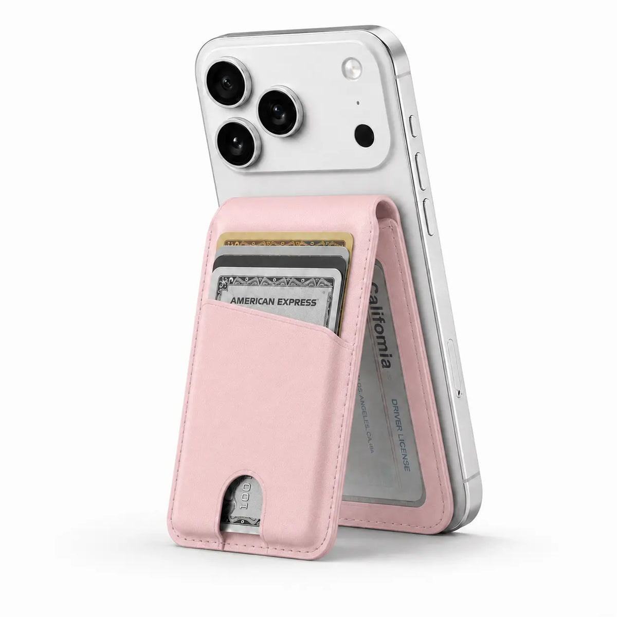 Blush Pink folding magnetic card wallet used as a phone stand #color_Blush Pink