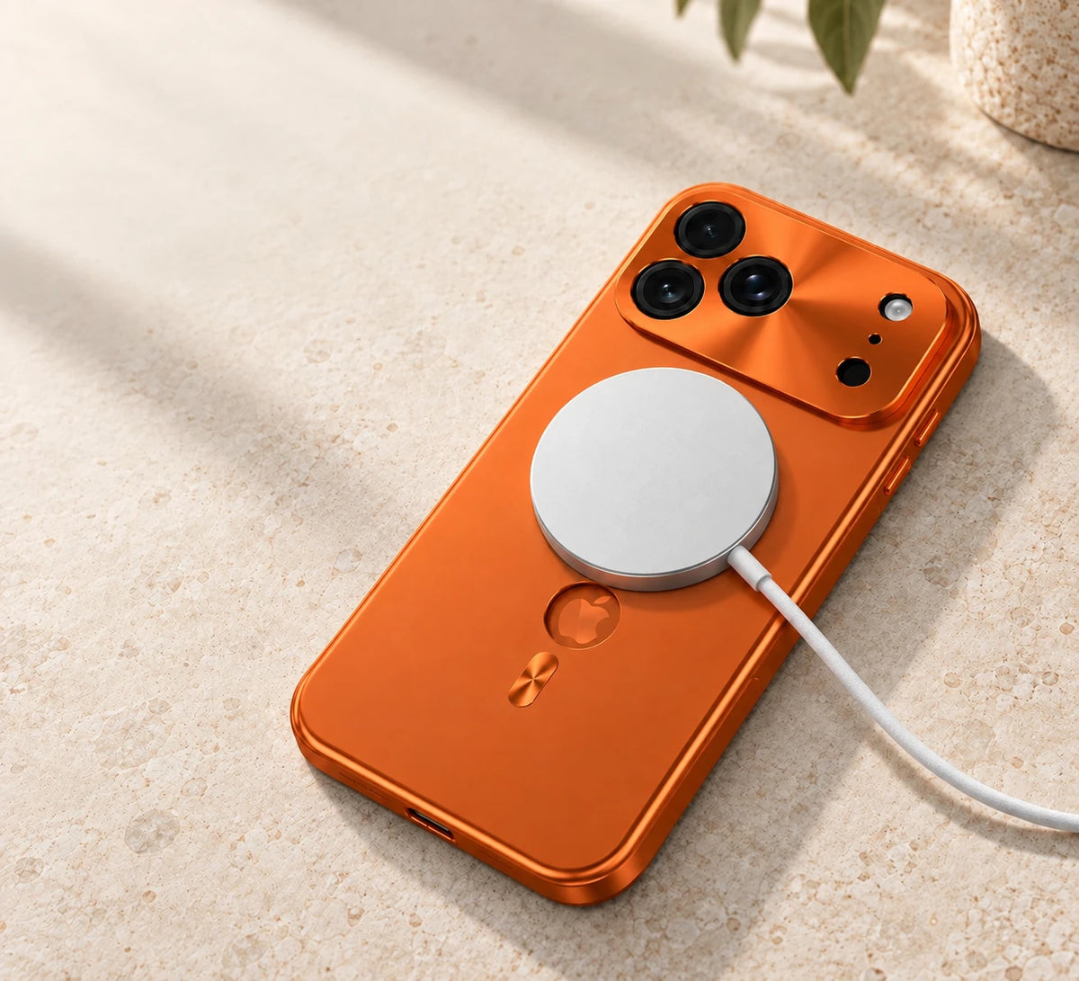 White magnetic charging puck attached to an orange full-cover phone case on a stone surface.