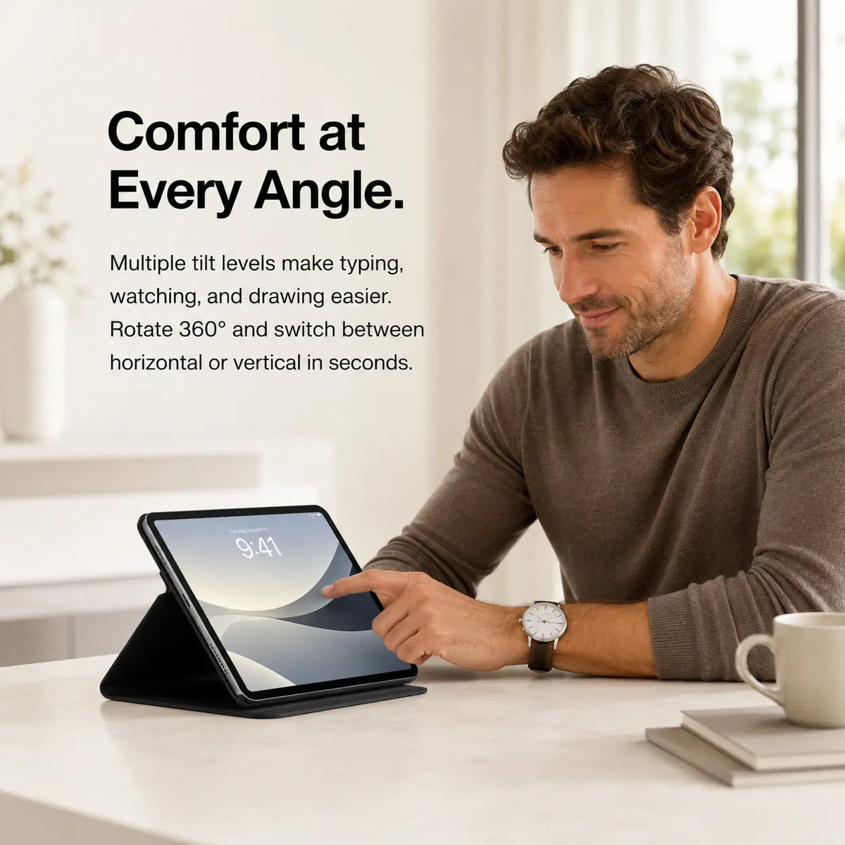 Midnight Black rotating tablet folio case used for hands free viewing #color_Midnight Black