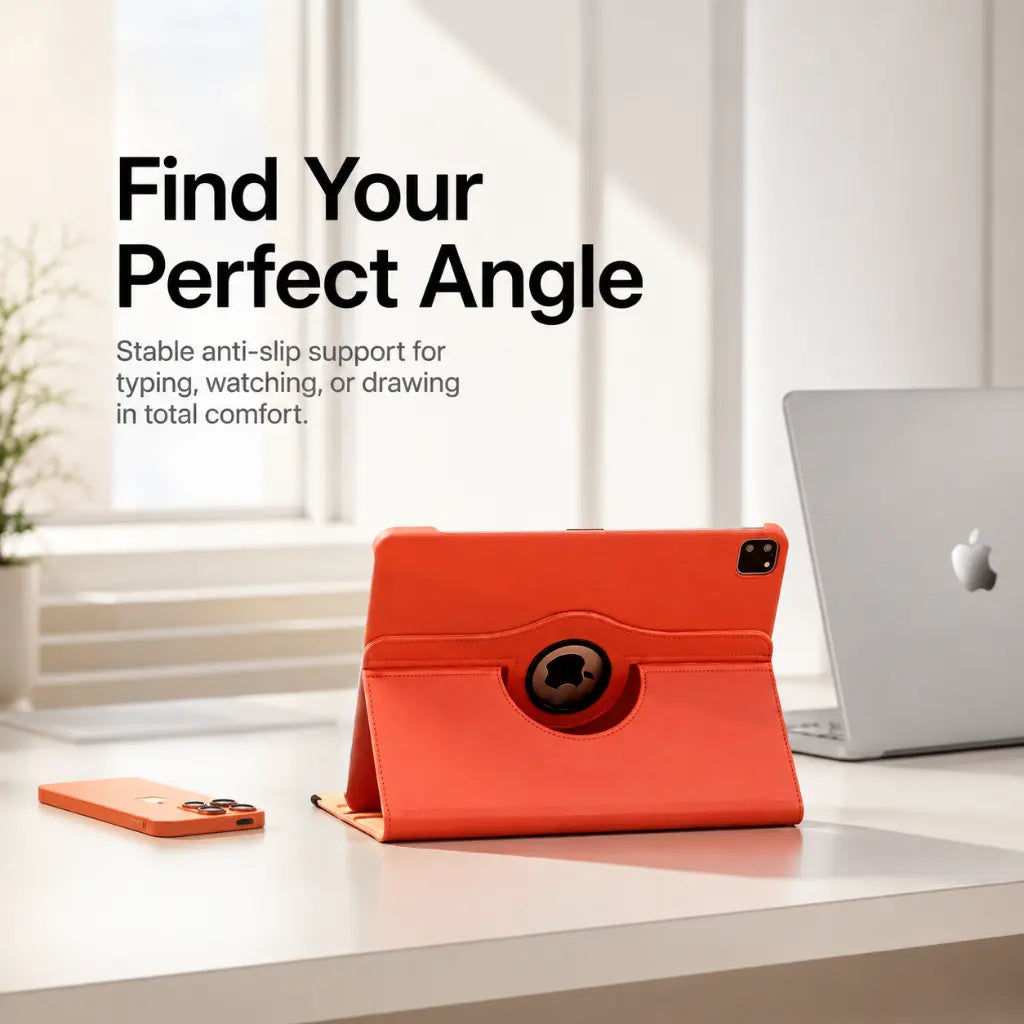Cosmic Orange rotating tablet folio case supporting a tablet at an adjustable angle #color_Cosmic Orange