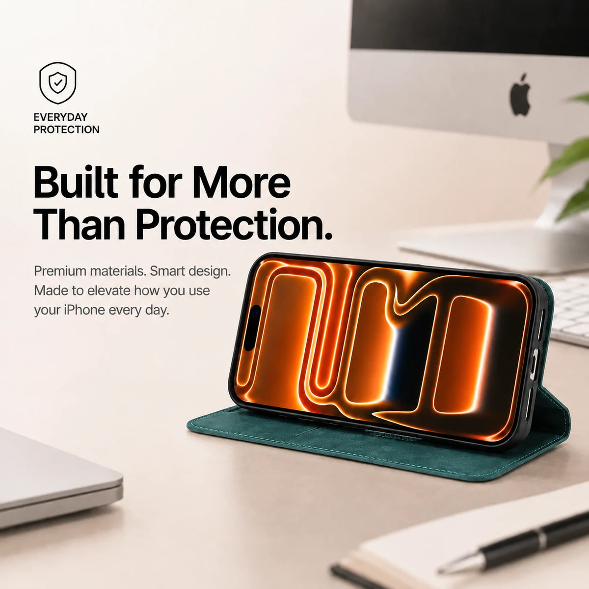 Teal leather folio phone case supporting a phone horizontally on a desk #color_Arctic Green