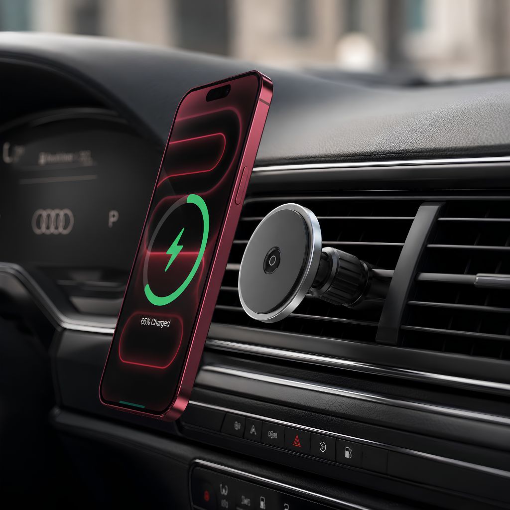 MagDrive car vent charger holding an iPhone in portrait mode
