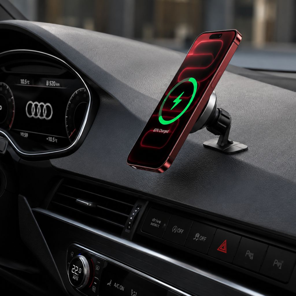 MagDrive dashboard mount wirelessly charging an iPhone