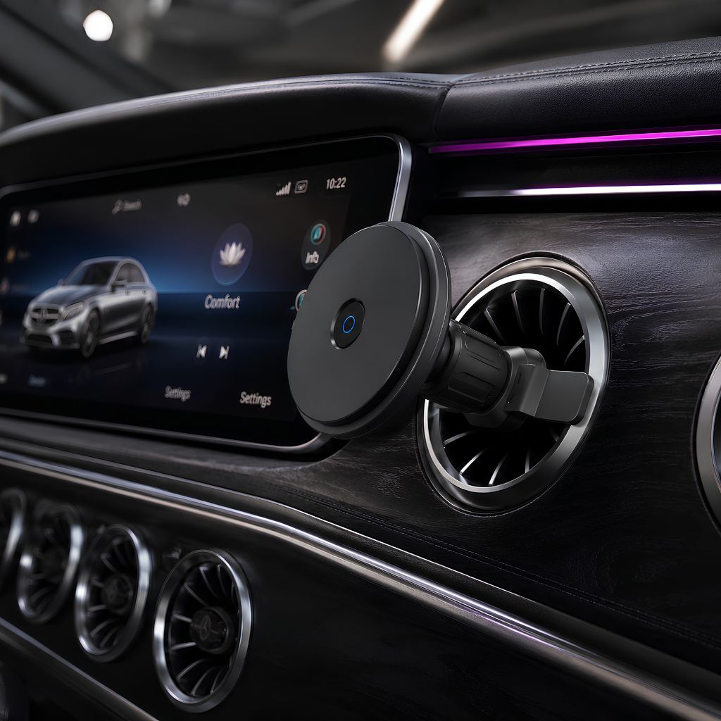 Black MagDrive magnetic car charger attached to an air vent
